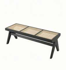 Black Wood and Rattan Bench Natural Wicker Outdoor Indoor Patio Seating Furniture